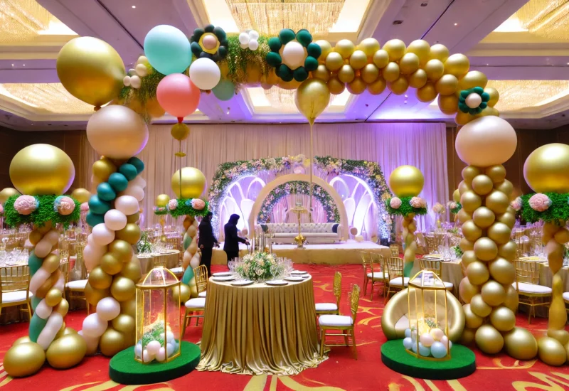 DALL·E 2024 10 07 17.06.15 A vibrant event scene showcasing a balloon decoration setup by Hisar Balloon Decorations. The setup includes a grand balloon arch with a mix of elegan